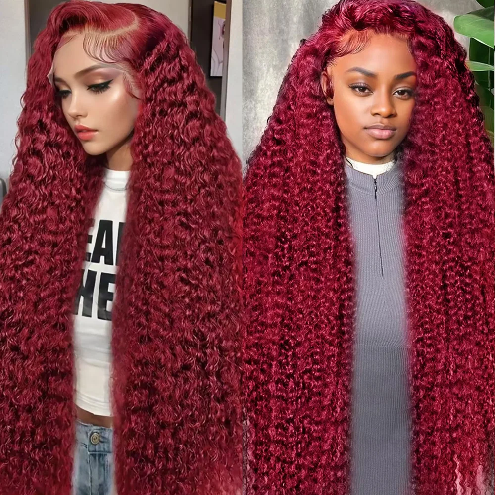 

99J Burgundy Deep Wave Human Hair Wig 13x6 Lace Frontal Deep Wave Human Hair Wigs 200 Density 46 Inches Wigs For Women