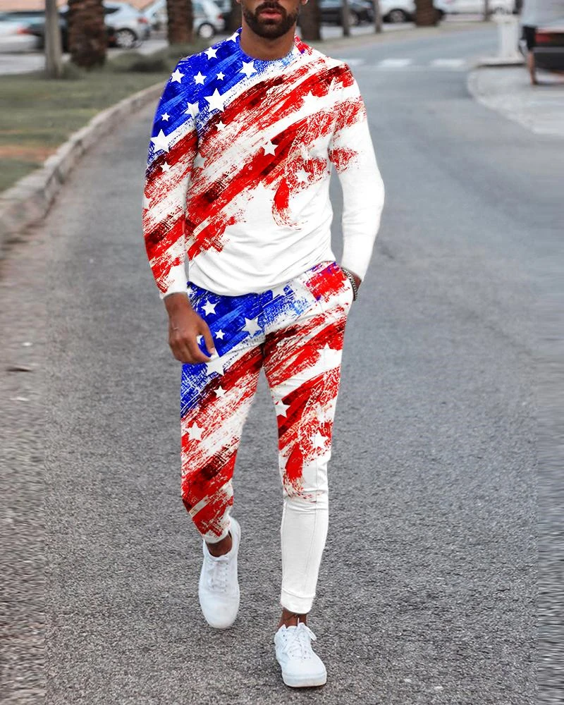 

Весенне-осенний модный мужской комплект спортивной одежды с 3D принтом, футболка с длинными рукавами, брюки, комплект из 2 предметов, пуловер большого размера, мужская одежда