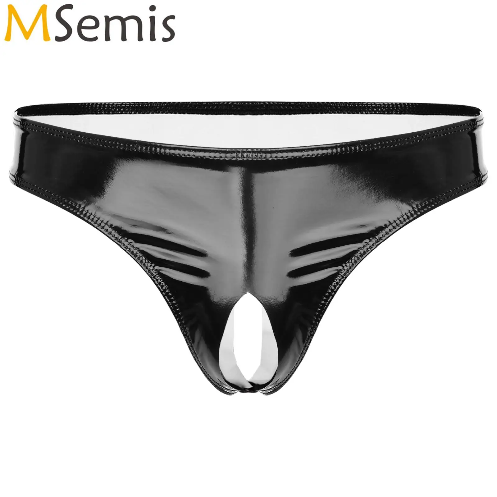 Mens Sexy Thongs Panties Lingerie Wet Look Patent Leather Open Crotch Low Rise High Cut Mini Briefs Underwear Clubwear Underpant