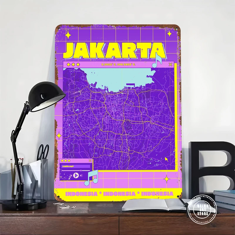 Jakarta Map Retro Style Metal Poster Customized Wall Art Retro Vintage Metal Signs for Man Cave Living Room Decor House Interior