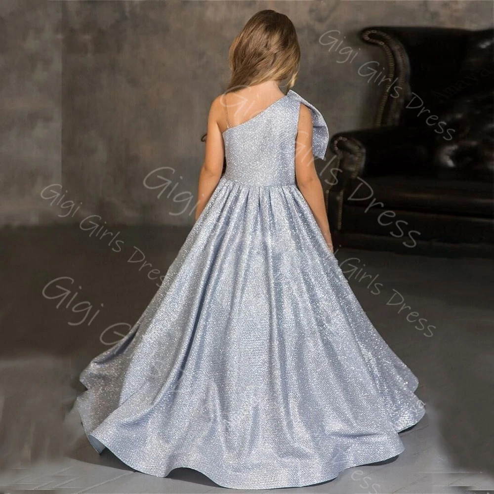 Блестящее пышное платье принцессы для девочек на одно плечо, атласное платье с цветочным узором для девочек на свадьбу, детское платье для дня рождения с бантом