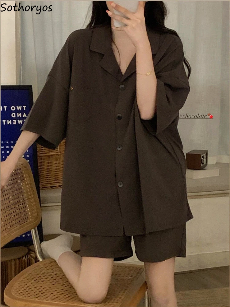 Pajama Sets Women Pure Simple Nightwear Loose Unisex Korean Style Female Turn-down Collar Fashion Comfortable Homewear Summer