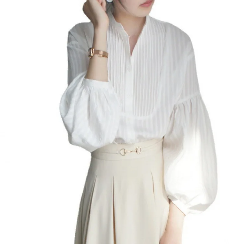 

French Vintage Pleated Collar Blouse Loose Lantern Sleeve Chic Blouse Crinkle Puff Sleeve Relaxed Blouse Light Oversized Top