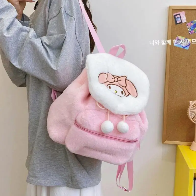 Sanrio Cartoon Plush Backpack Cute Kuromi Hello Kitty Girls Casual Flip Handbag my Melody Large Capacity Storage Bag New Fashion