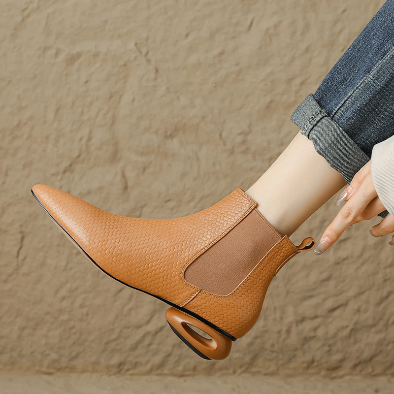 2025 New Women Ankle Boots Fashion Design Strange Heels Mature Shoes Woman Genuine Leather High Quality Office Lady Basic Boots