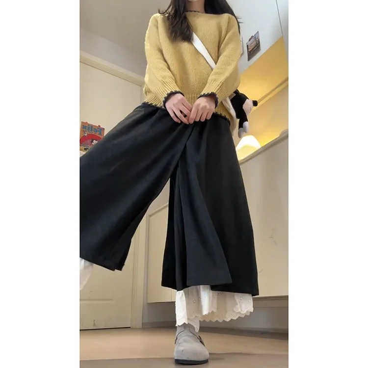 กางเกงลำลองเอวสูงผ้าลูกไม้สำหรับผู้หญิง ฤดูใบไม้ร่วง ฤดูหนาว แฟชั่นใหม่ ป้องกันริ้วรอย ไซส์เล็ก กระโปรงกางเกงแบบต่อผ้า สไตล์สบายๆ