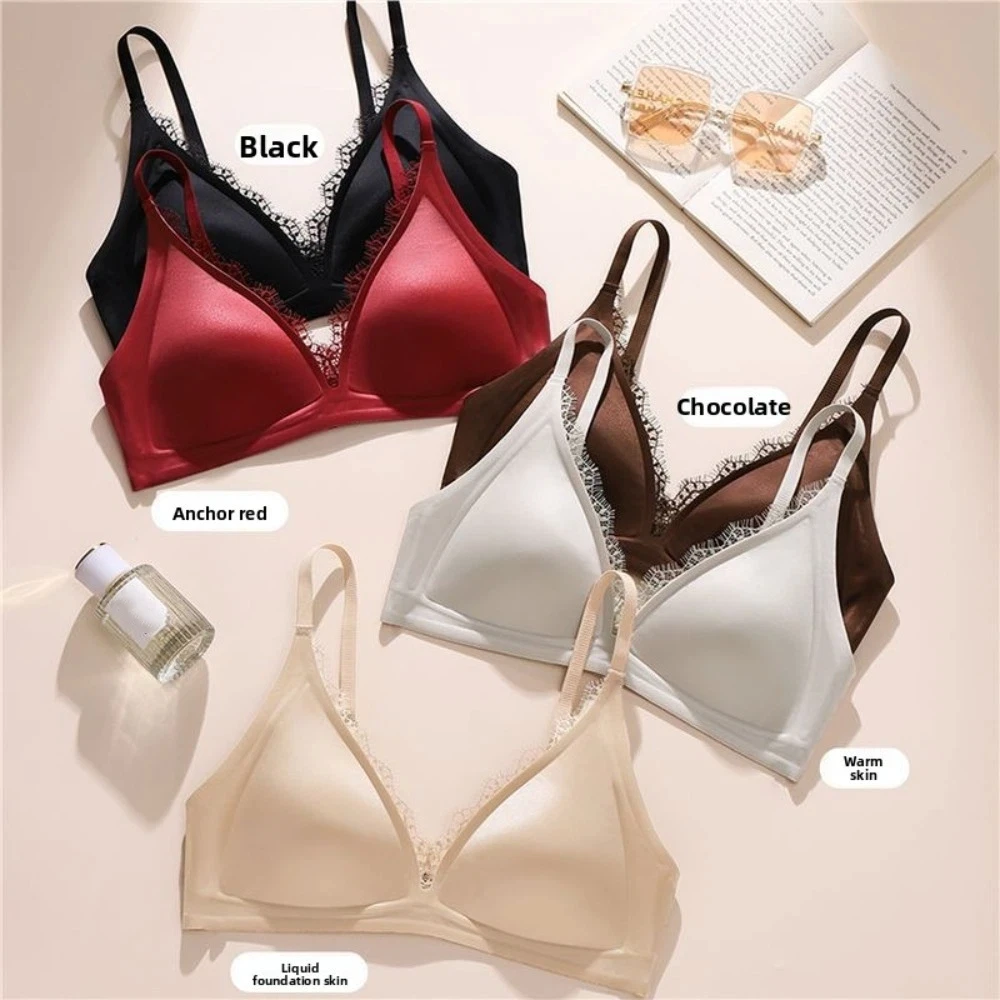 Ins Simple Satin Satin Wireless V Bra Solid Color V Lace Neck Push Up Underwear Comfortable Traceless Seamless Bras Yoga image 3