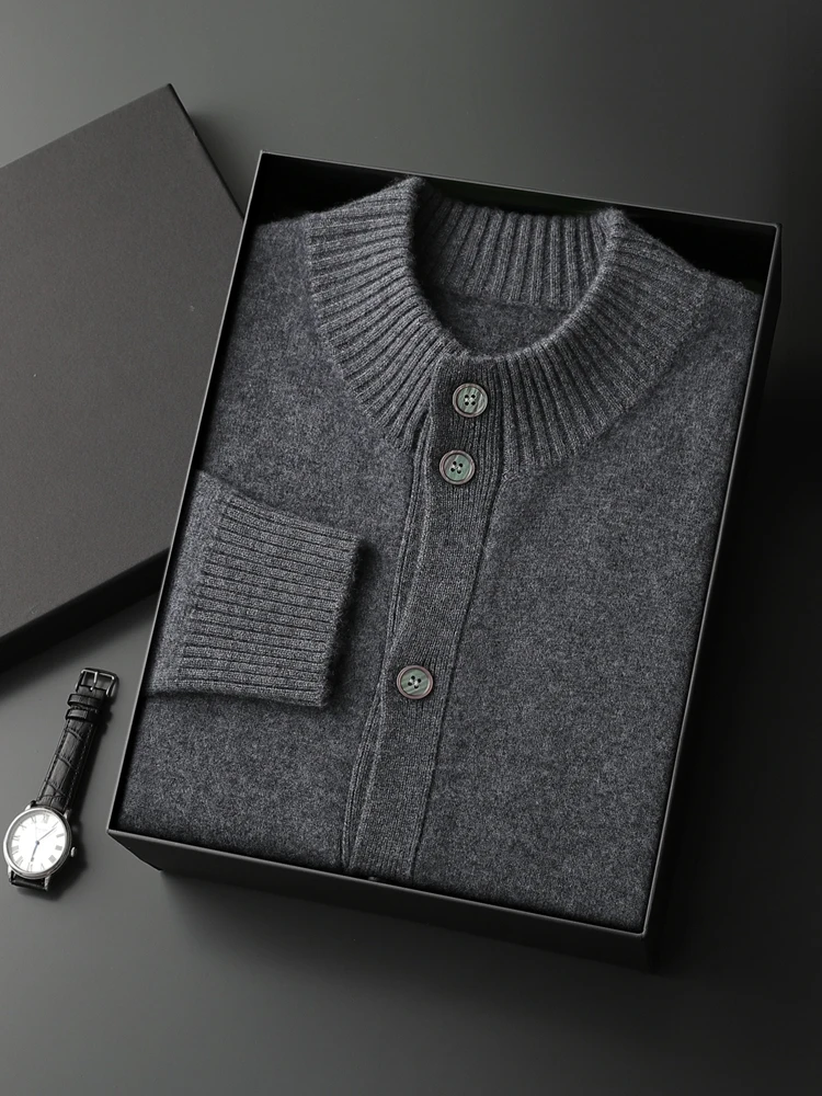 High Quality Men 100% Cashmere Sweater Autumn Winter Thick Buttons Cardigan Mock-neck Smart Casual Coat Warm Cashmere Knitwear