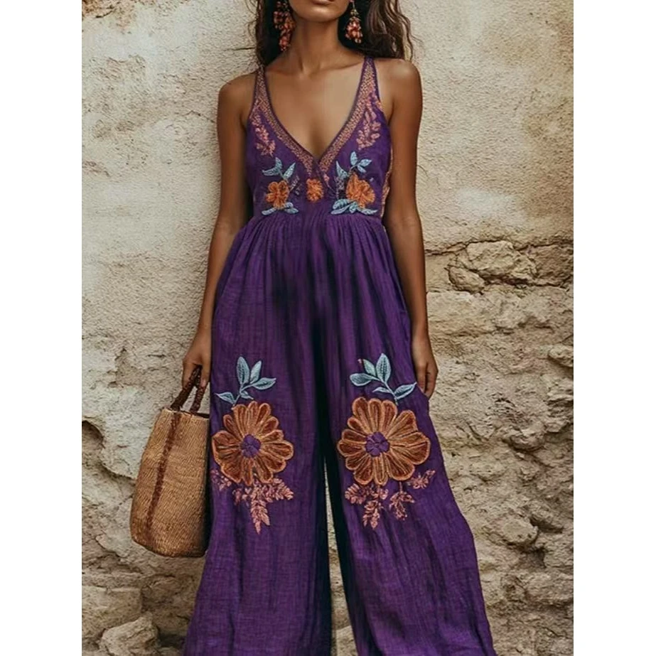 

Лето 202, новые винтажные хлопковые льняные ремешки с цветочным принтом, широкие длинные брюки, женский комбинезон Rer, тонкая средняя талия, длинные