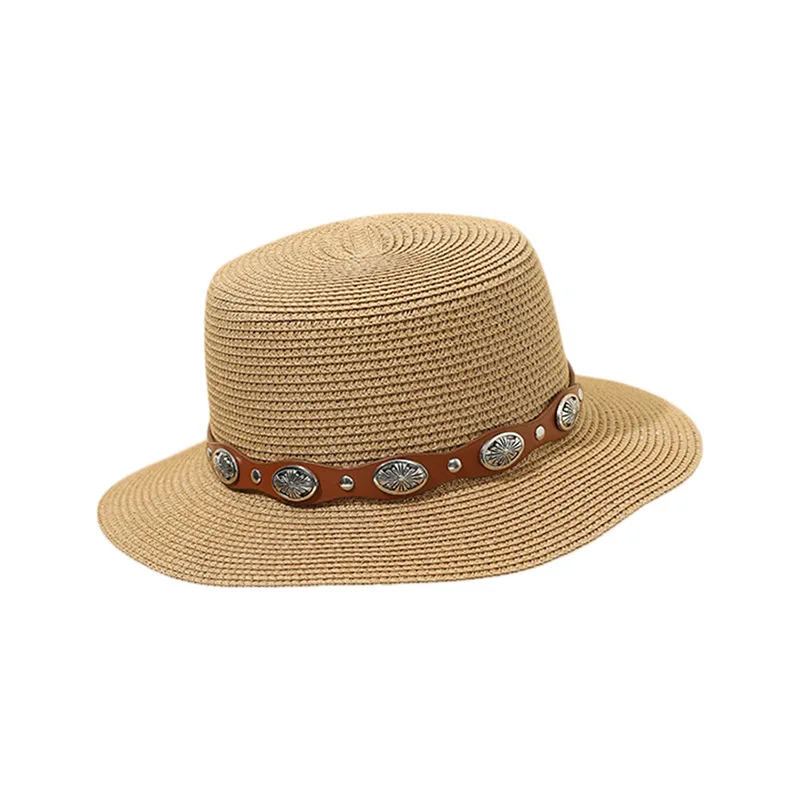 

Summer New Rivets Belt Straw Woven Flat-top Cap Casual Retro Sun Hat Holiday Vacation Straw Hat Sun Protection Hat Women