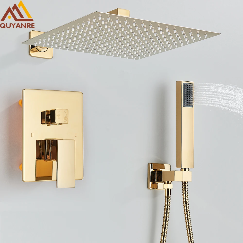 Gold Concealed Shower Rain Mixer Shower Combo Set Wall Mounted Rainfall Shower Head and Handheld System Shower Faucet