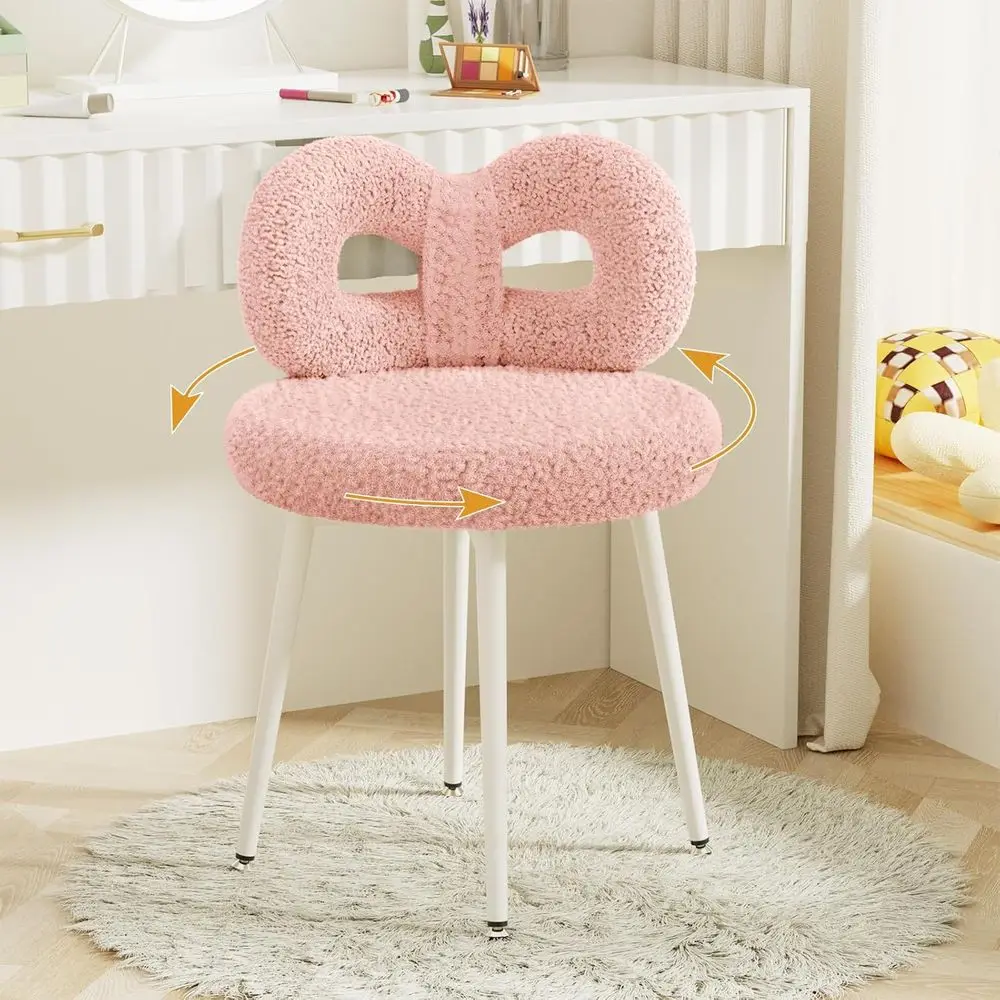 Swivel Vanity Chair with Back, Upholstered Desk Chair for Girls, Makeup Vanity or Bedroom, Living Room, Pink