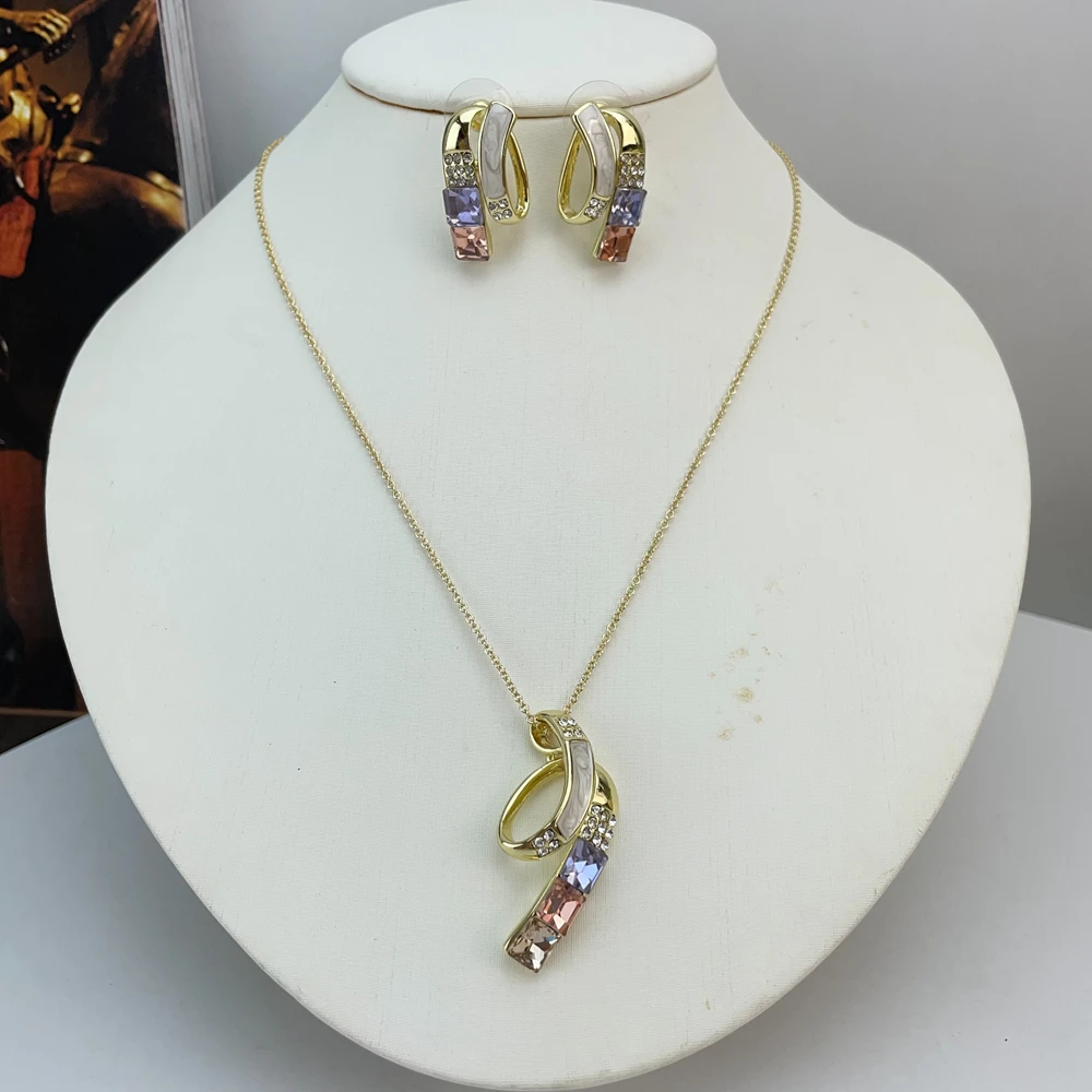 أحدث الذهبي الملونة حجر قلادة الأقراط دبي الفاخرة العصرية مجموعة مجوهرات للسيدات والنساء طقم من الحلقان KY25194 #5