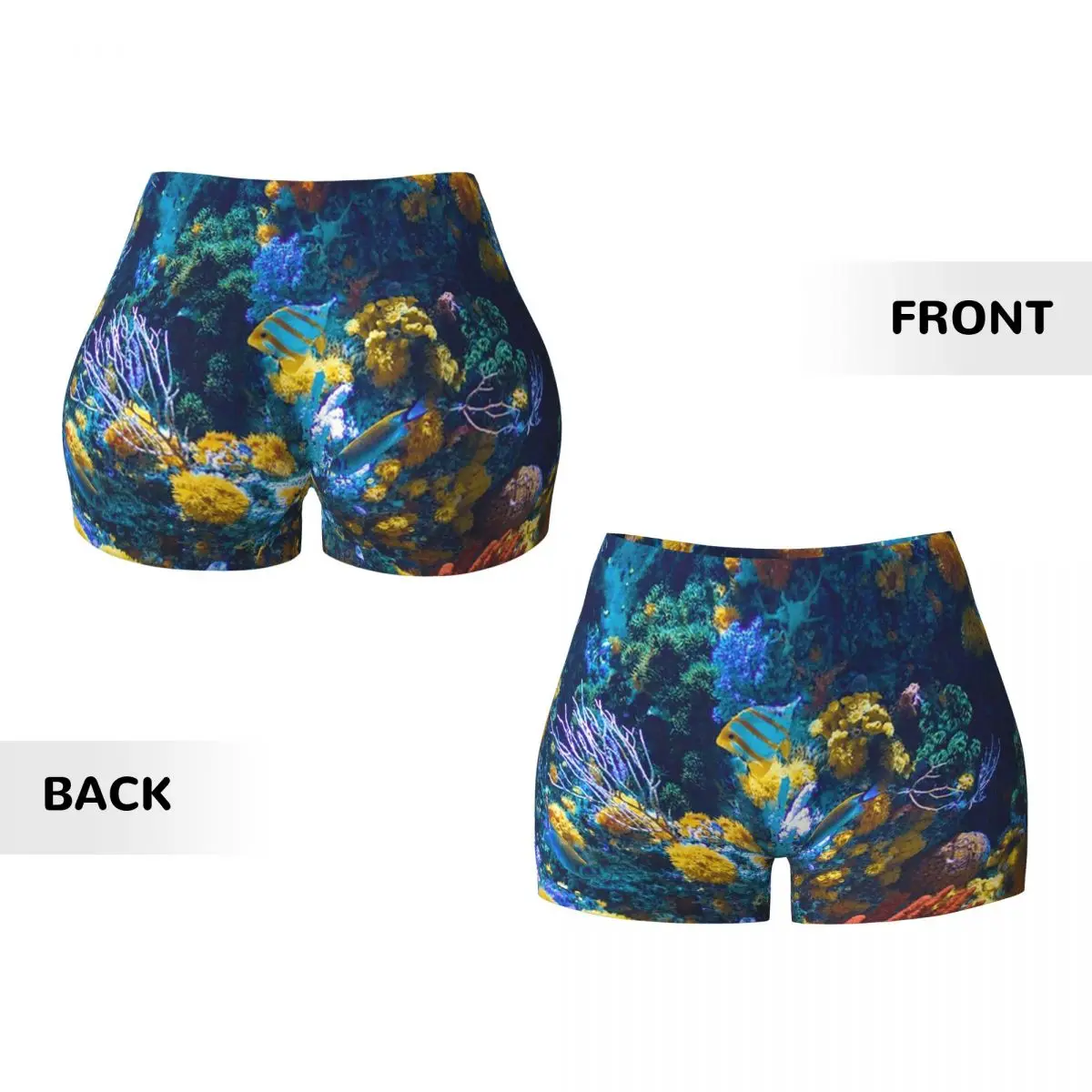 กางเกงขาสั้นโยคะลายปะการังสีสันสดใสสไตล์ออสเตรเลียพร้อมปลาเขตร้อนสำหรับผู้หญิง ออกกำลังกาย วิ่ง เล่นกีฬา วอลเลย์บอล ปั่นจักรยาน