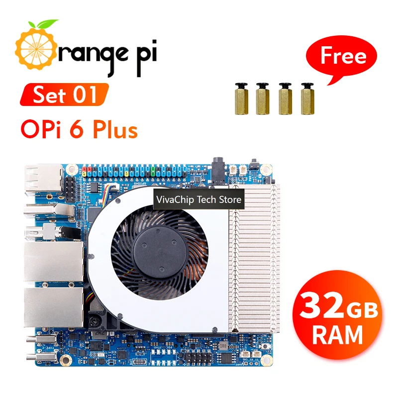 VivaCTOrange Pi 6 Plus+Cooler 32GB DDR5 CIX SoC Single Board Computer M2 NVME SSD 45TOPS NPU Mini PC Run Linux/Android/Windows/R