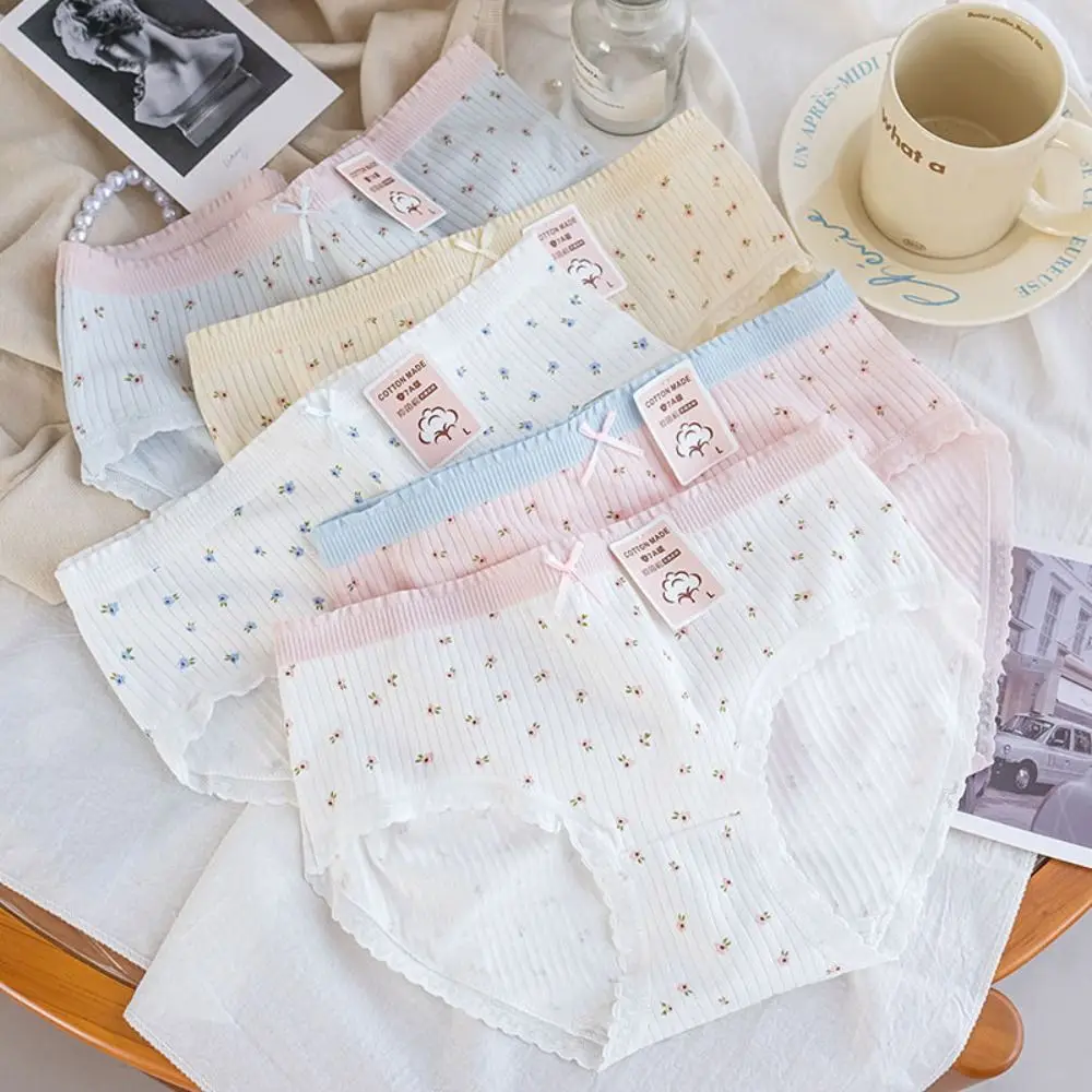 

5 шт., простые кружевные трусики с бантом и цветком, хлопковые трусы со средней талией, милые трусы с цветочным принтом, нижнее белье, нижнее белье для женщин и девочек