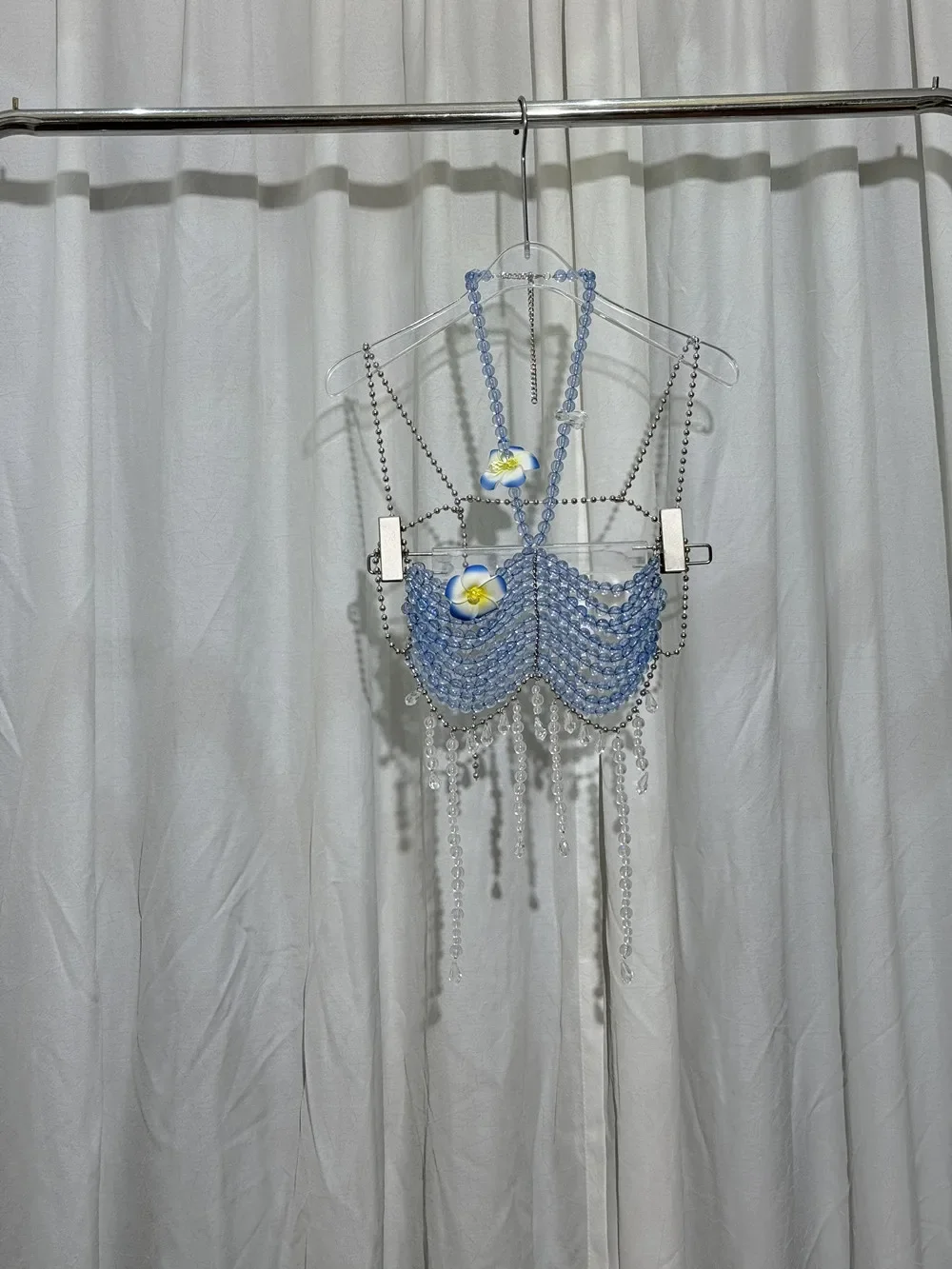 New Sexy Women Handmade Glitter Blue Color Stone Bead Body Chain Hollow Out Bikini Bra Top Holiday Beachwear Jewelry Vest
