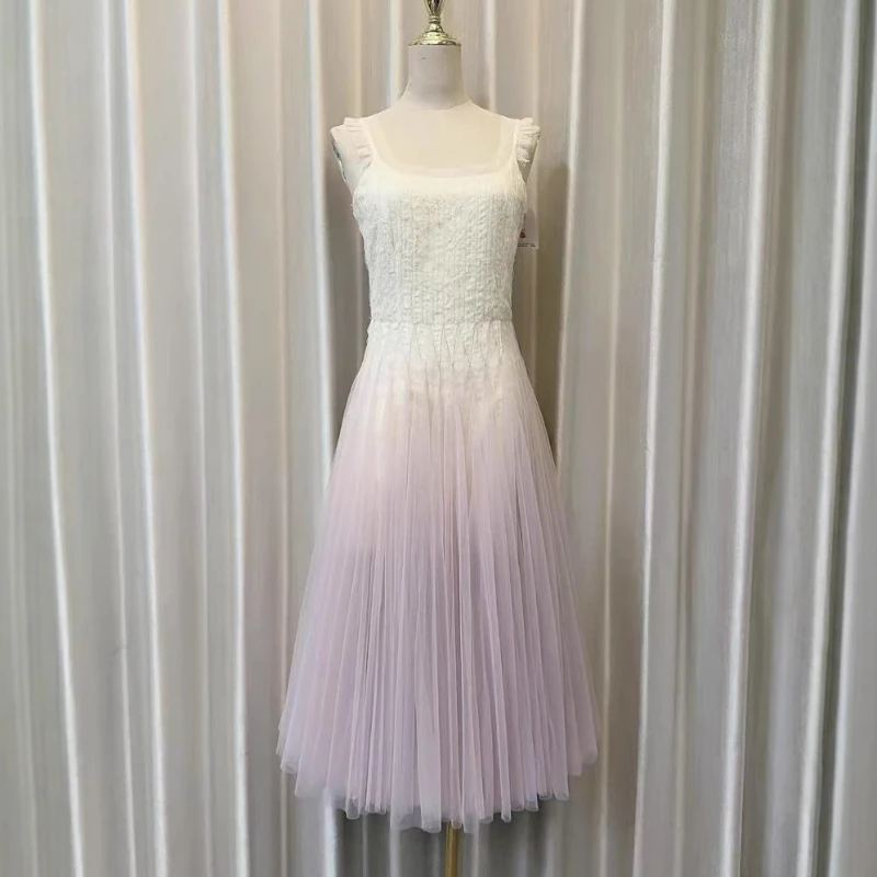 

Fashion Women Lace Patchwork Suspender Dress Gradient Strapless Collar Female Party Dress 2025 Summer New Dress