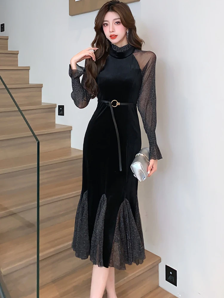 Black Velvet Patchwork Mesh Sheer Sexy Women's Dress Autumn Winter Elegant Ruffled Mermaid Dress 2024 Korean Luxury Party Dress