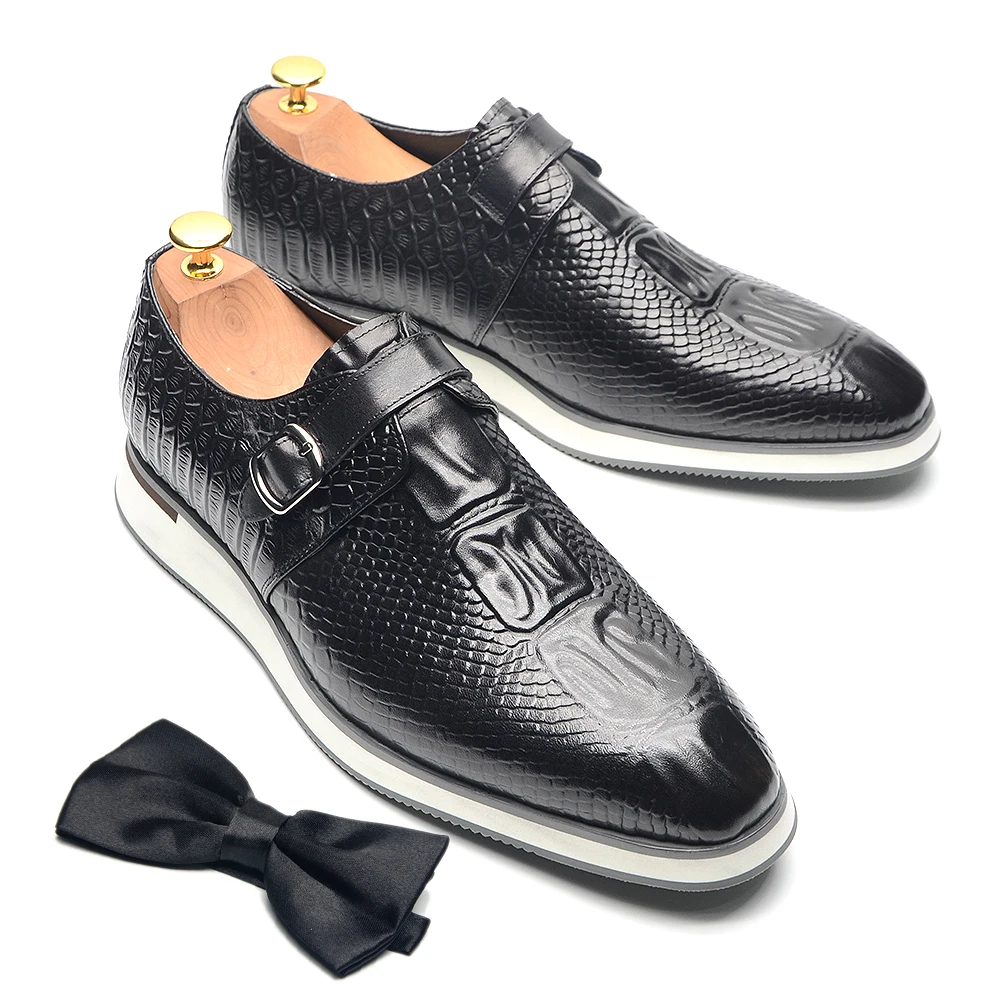 Cow Genuine Leather Men's Casual Business Shoes with Buckle Monk Strap Crocodile Print Comfortable Flat Handmade Sneakers Man