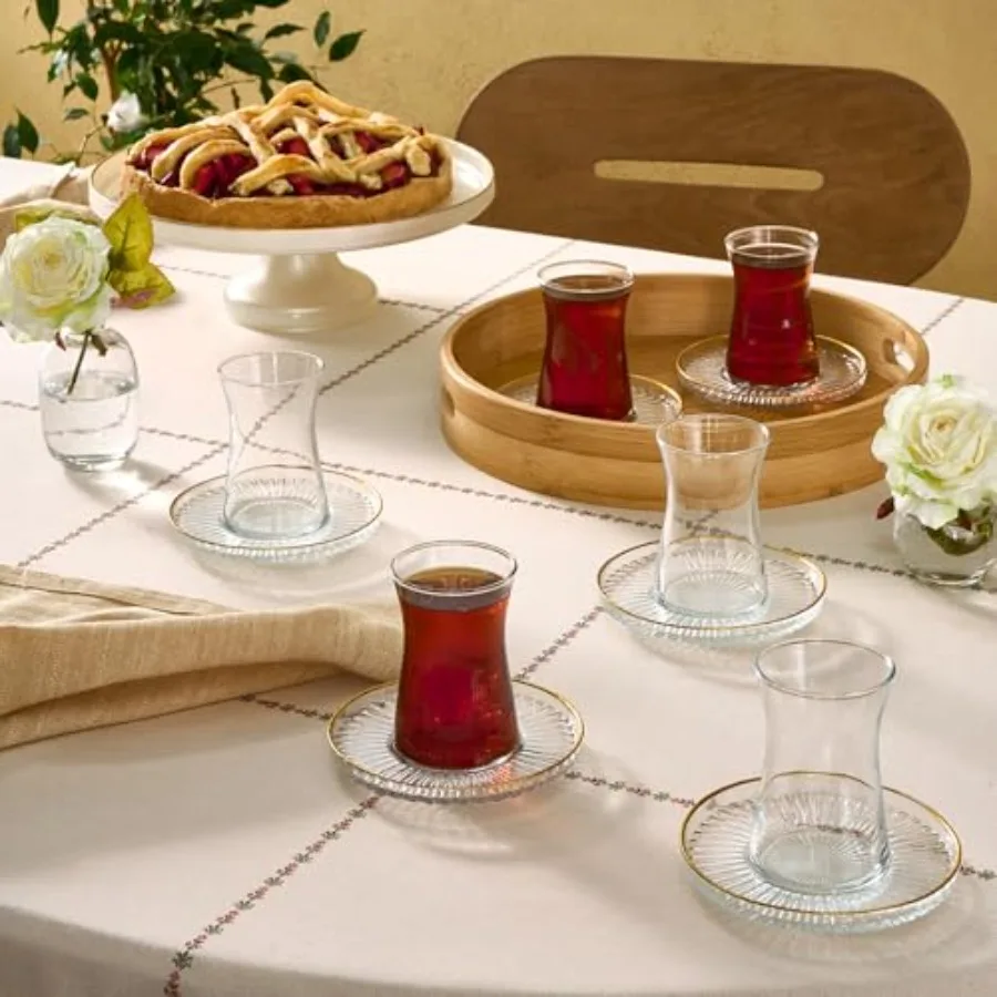 

Nilufer 12-Piece Turkish Tea Glass and Saucer Set 132 ml Clear Glass Tea Service for 6 People