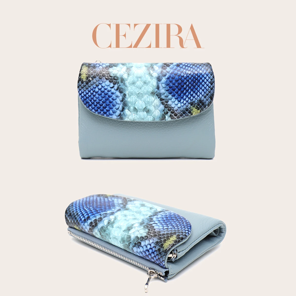 CR Women Snake Print Short Genuine Leather Wallet RFID Tri‑fold Card Holder Soft Cowhide Coin Purse Multi Card Slots Photo Slot