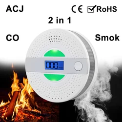 Acj 2 em 1 co/alarme de fumaça led detector de monóxido de carbono digital aviso de voz sensor de alta sensibilidade proteção de segurança em casa