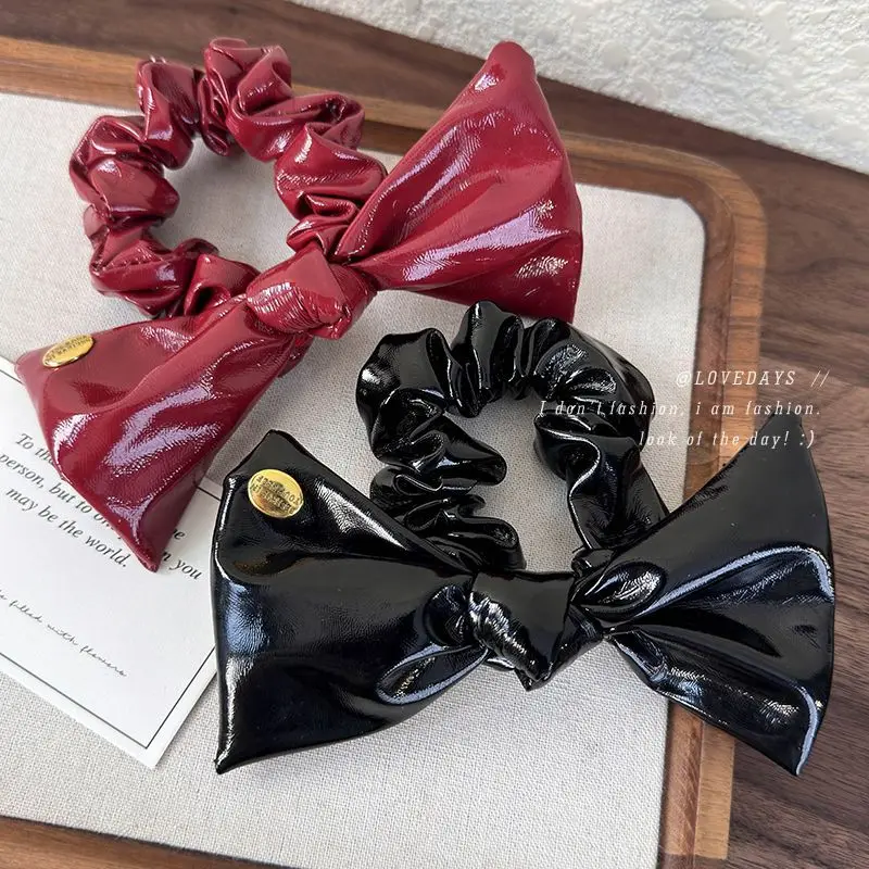 Burgundy PU Leather Large Bow Scrunchies 2026 New Autumn Winter High Elastic Hair Ties for Women Low Ponytail Bun Holder