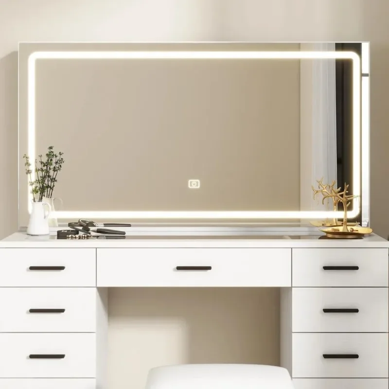 Glass Top Makeup Table with Mirror and LED Lights Vanity Table with Stool 3 Lighting Modes Brightnes