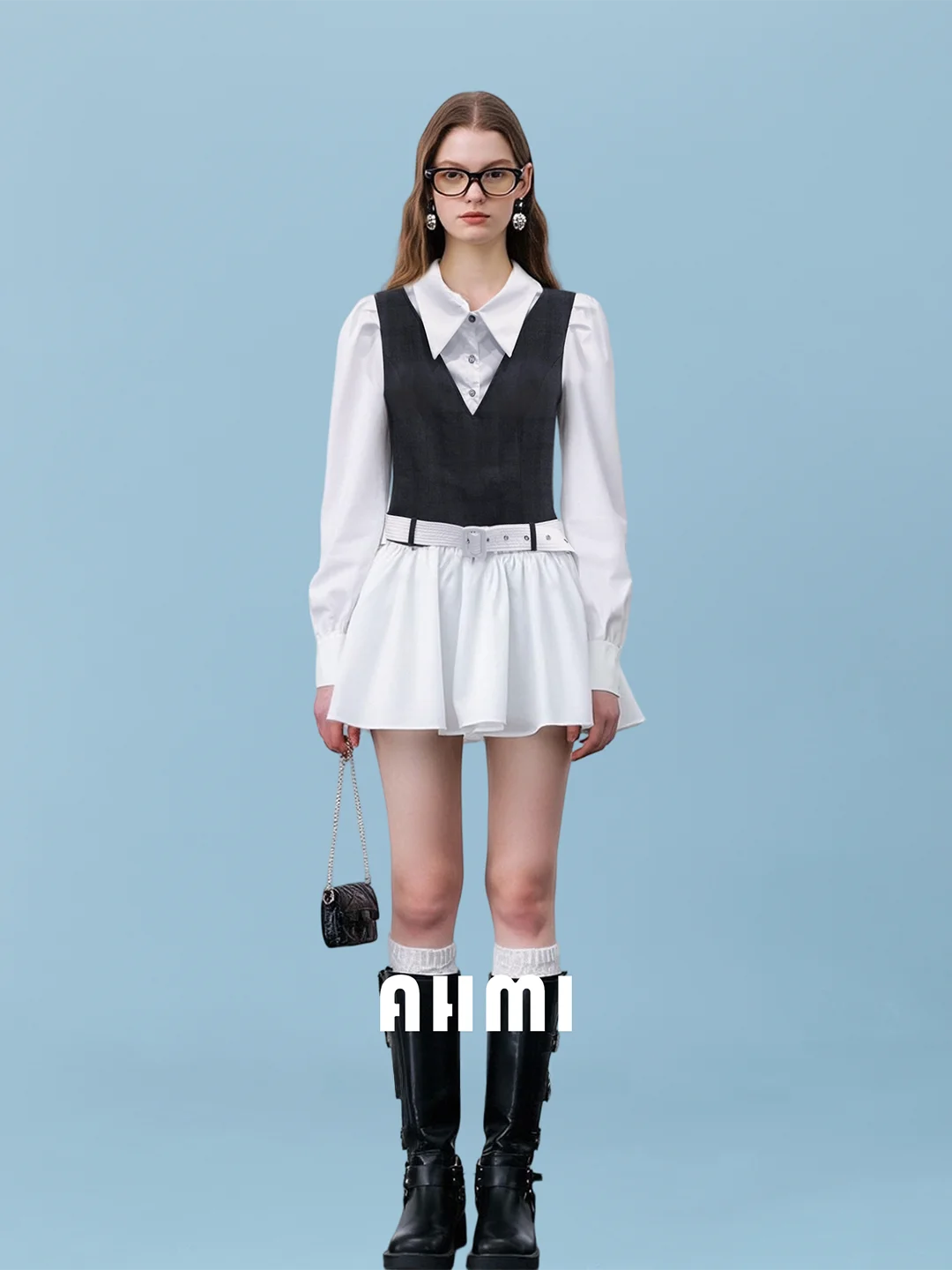 

Ele Color Blo irt Dr Women's Spring Faionable High Waist A-Line Skirt Long Sve Button up Slim FitAHMI Wed