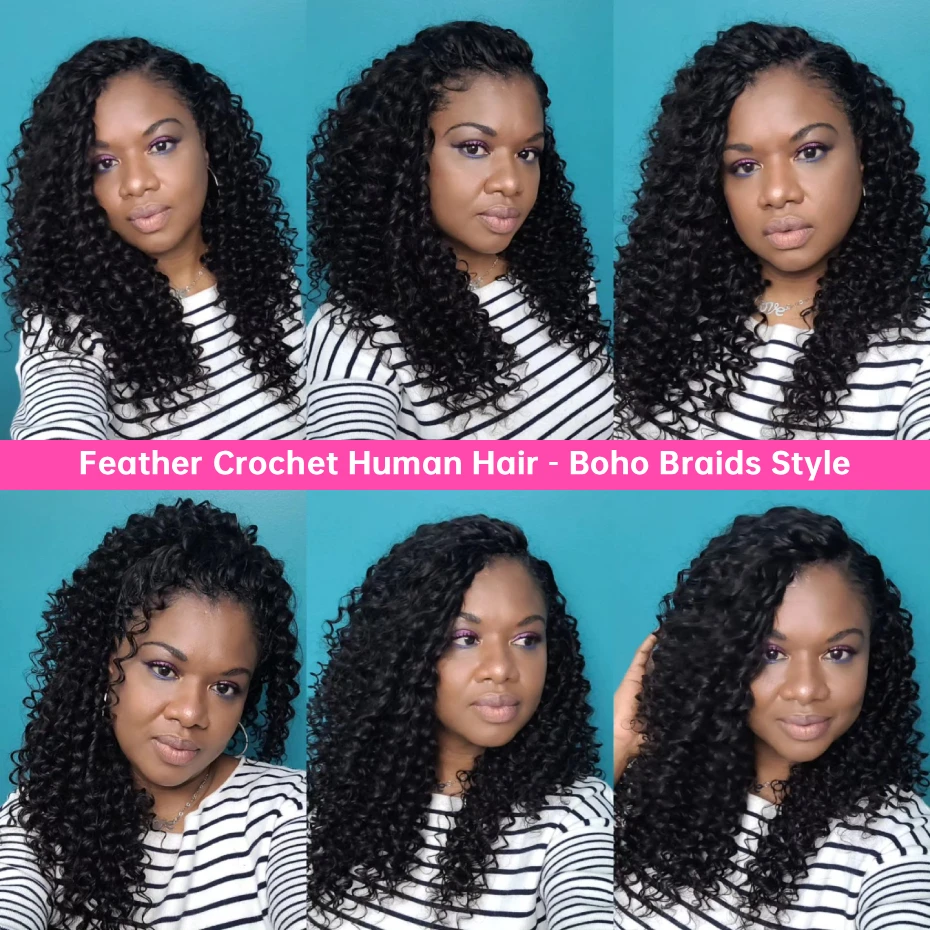 Natural Deep Wave Feather Crochet 100% Human Hair Invisible Miracle Knots Hair Feathered Crochet Human Hair Pre Looped 4 27 Highlight Colored Boho Braids Malaysian Hair Weave Bundles Pre Braided Remy Deep Curly Human Hair Extensions - view 5
