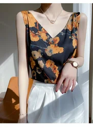 2025 Summer Women's V-neck Silk Top Satin Top With Beautiful Print Luxry Summer Vest Top Cropped Top Tops For Women Sexy Blouse