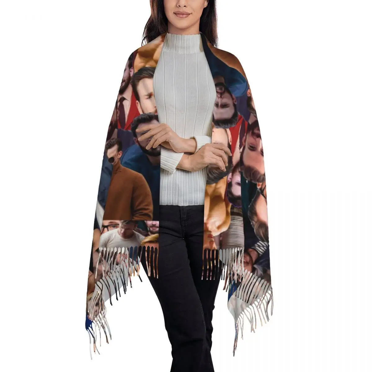 Chris Evans Photo Collage Scarf Tassel Scarves Women Soft Warm Shawls and Wraps Large Fall Winter Shawl Wrap