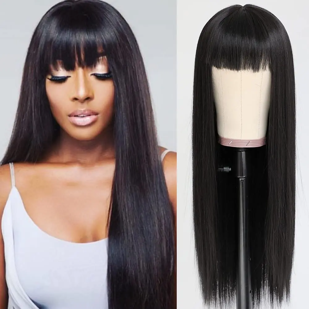 Black Synthetic Hair Wig With Full Bangs Long Straight Wig Natural Soft Hair Heat Resistant Silk Headpiece For Women