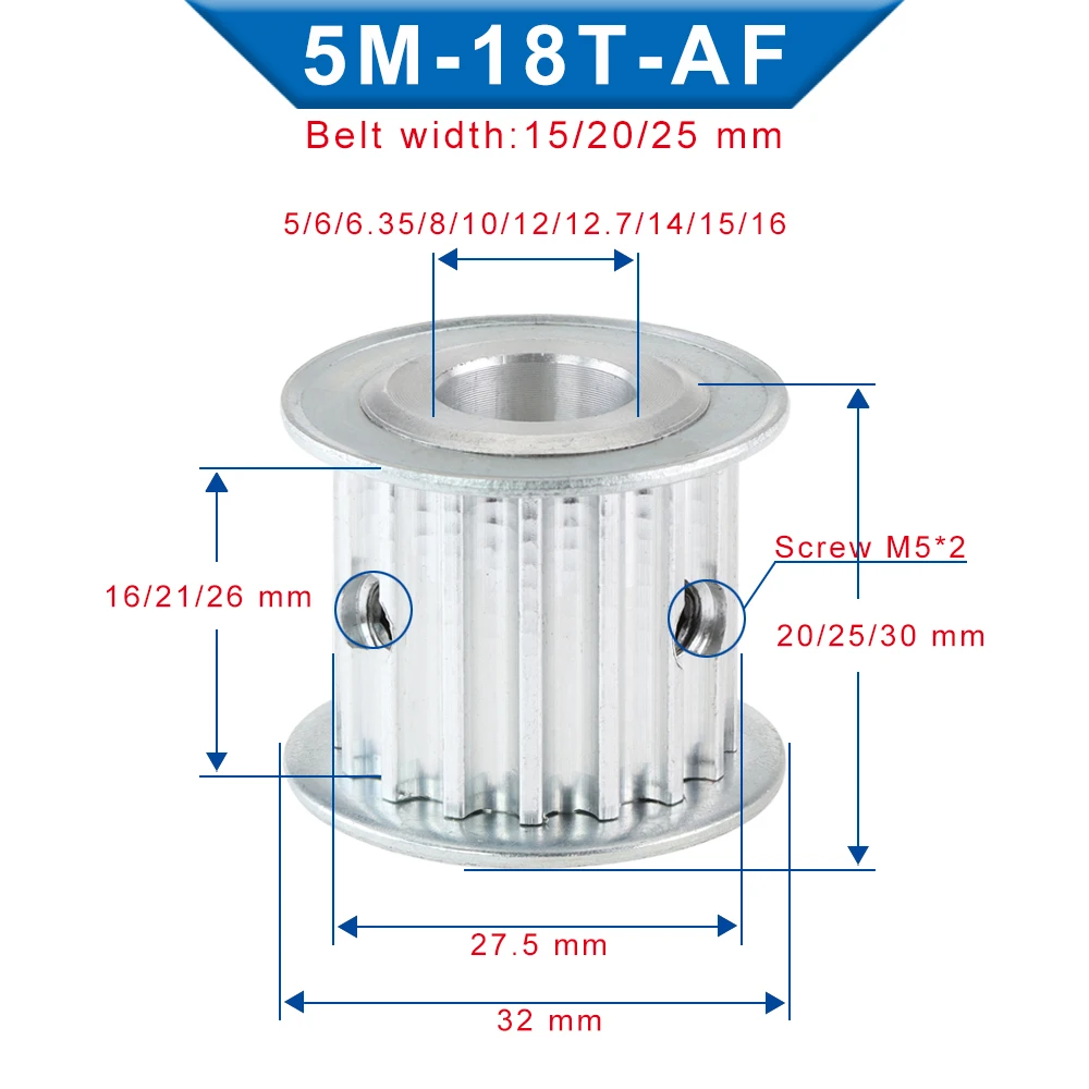 5M-18T Alloy Pulley AF Shape Bore 5/6/6.35/8/10/12/14 mm Pulley Wheel Circular Arc Tooth For 5M Rubber Belt Width 15/20/25 mm