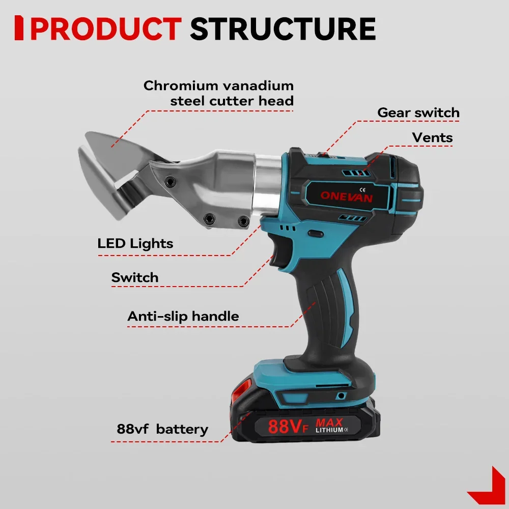 ONEVAN-tijeras eléctricas de hierro de 588NM, tijeras de acero y hierro inalámbricas, cortador de chapa de Metal, herramienta eléctrica de 800W para