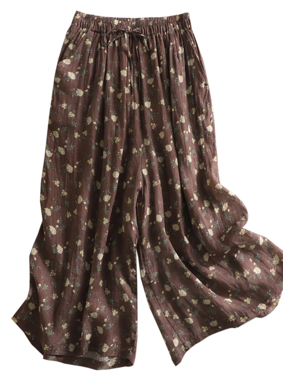 

Тонкие прямые широкие брюки из конопли с цветочным принтом в стиле ретро, повседневные брюки с высокой талией и поясом, льняные брюки с девятью точками, женская одежда больших размеров