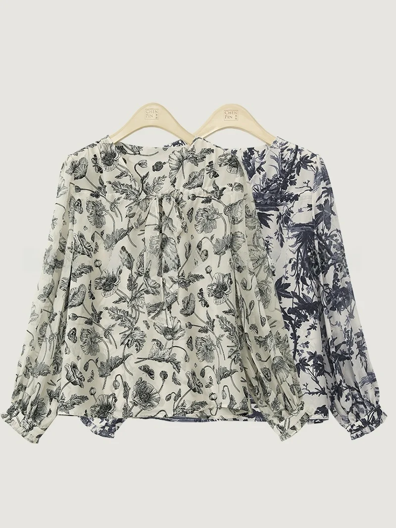 

Женская модная рубашка Ele Silk с цветочным принтом, тонкая, прямого кроя, с длинным рукавом, повседневная, удобная, дышащая, весенняя