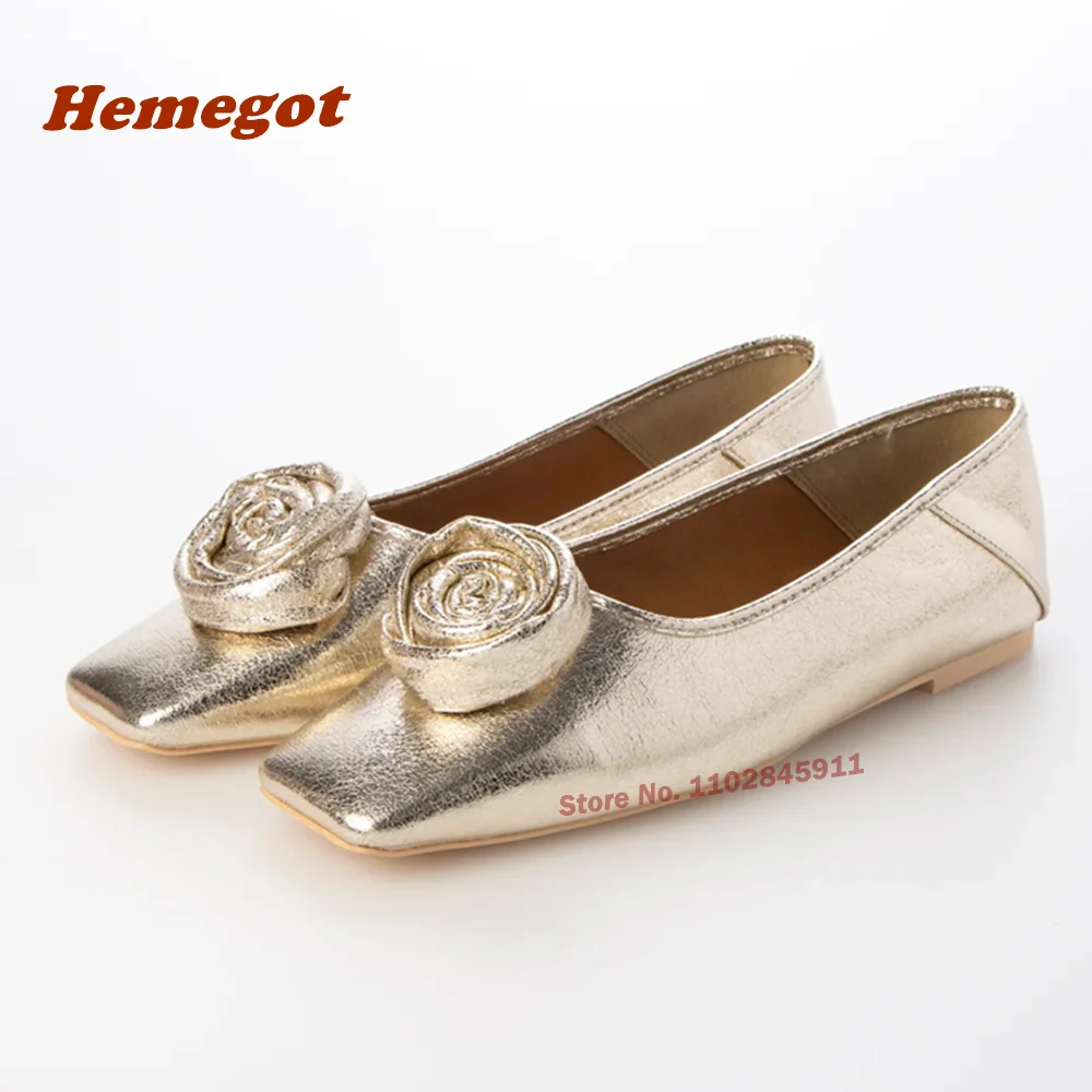 Rose Blume Gold flache Pumps quadratische Zehen flach mit glänzenden Balletts chuhen Sommer solide Damen Pumps neuesten 2024 Luxus schuhe sexy