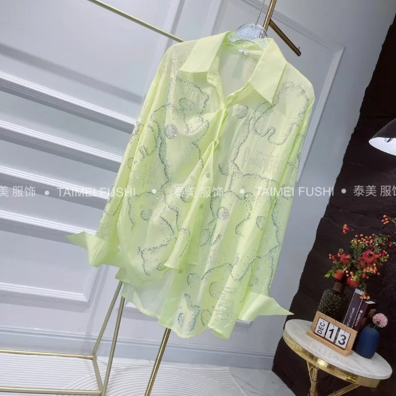 2024 Elegant Slimming All-Matching Lapel Loose Long-Sleeved Shirts Female Fluorescent Green Shiny Rhinestone Top Blusas De Mujer