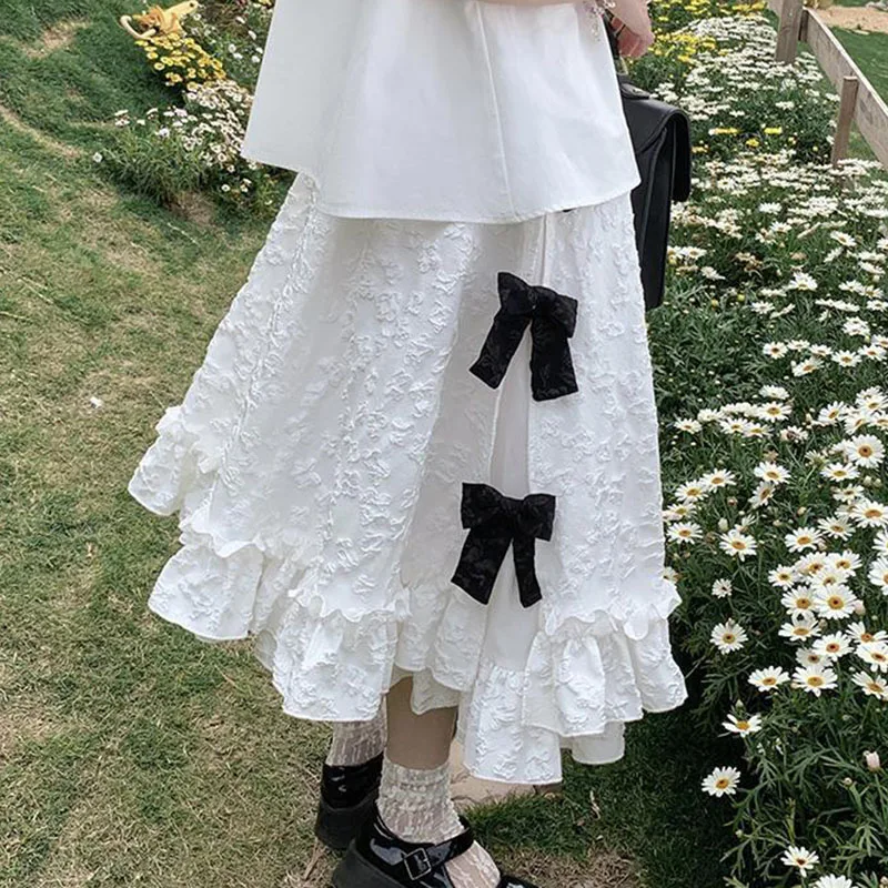 Women's Skirts Sweet Floral Bow Skirts for Women Spring Summer High Waist White Loose Skirts Girls Ruffles Big Hem Long Skirts