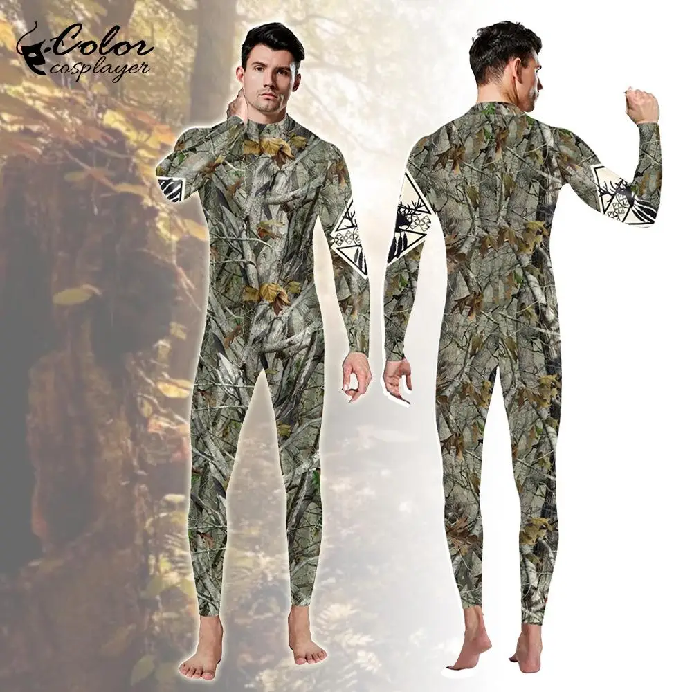 Color Cosplayer Hip-Hop Halloween Festival Men New Bodysuits Cosplay Costume Grey Leave Printed Long Sleeve Spandex Jumpsuits