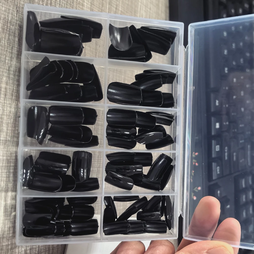 120pcs Black Short Square Acrylic Press On Fake Nails Glossy Simple Wearable French Tips 12 Sizes Full Cover Women False Nails#_