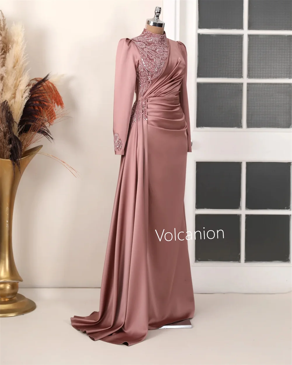 Customized Charmeuse Beading Pleat A-line High Collar Long Dresses Bespoke Occasion Elegant Retro Chinese Style