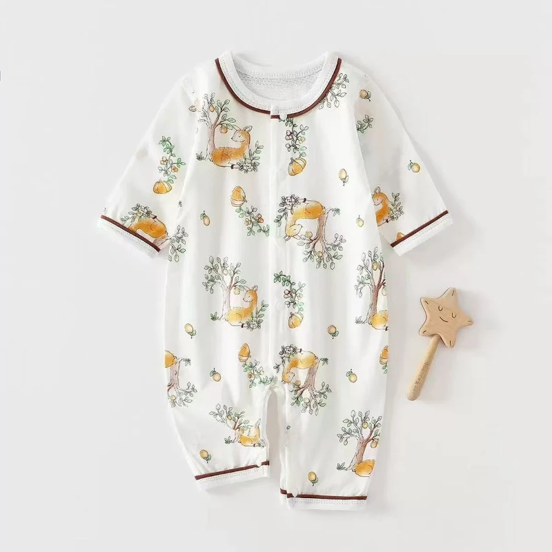 100% Cotton Baby Romper Summer Thin Long Sleeve Onesie Cute Cartoon Print Breathable Cool Touch Jumpsuit for Boys Girls