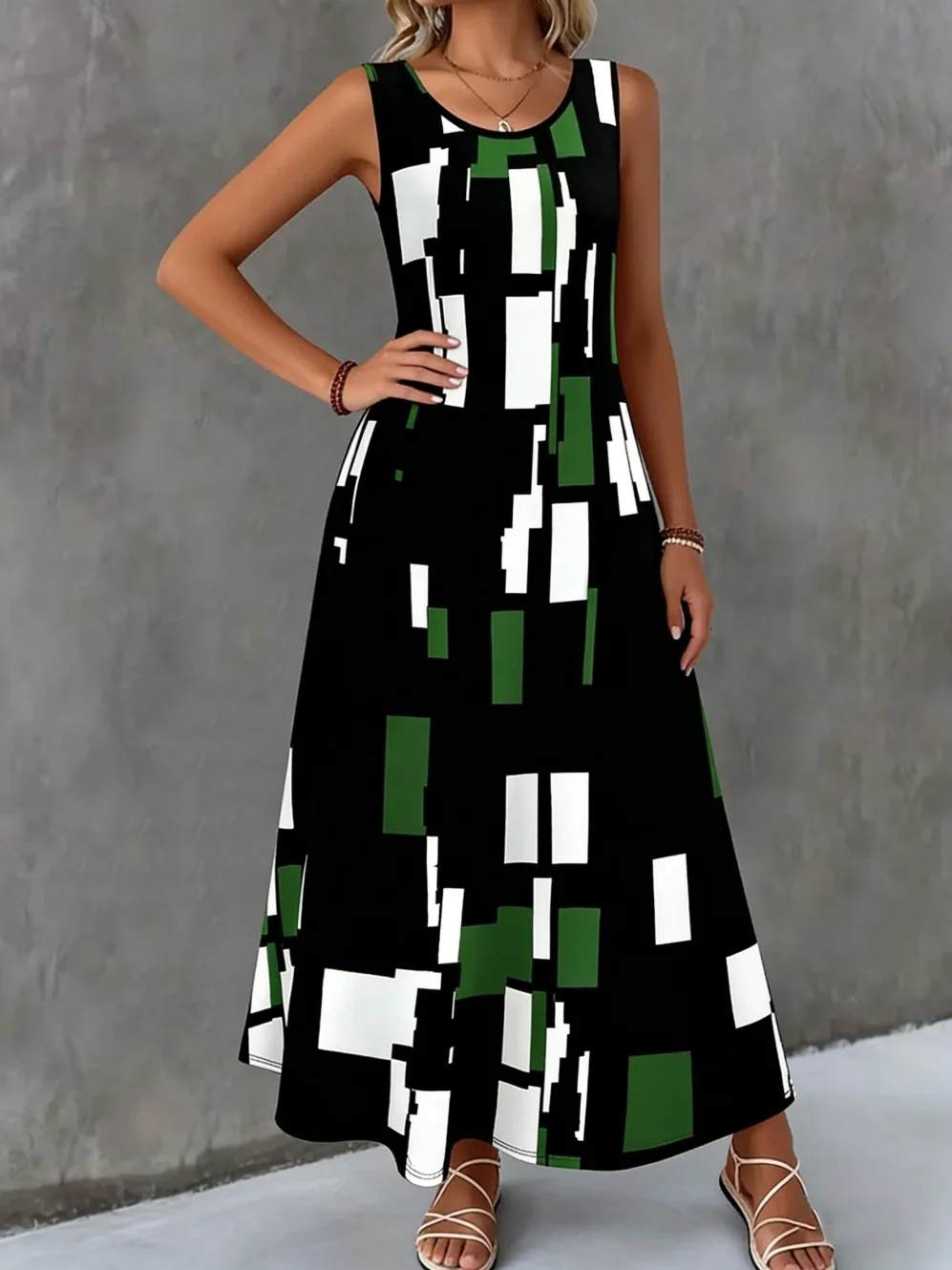 Damen-Sommerkleid, einfaches Gittermuster-Design, modisches Rundhals-Design, Damenkleidung, lässig, cool, sexy, ärmellose Kleider für Damen – Detail 5