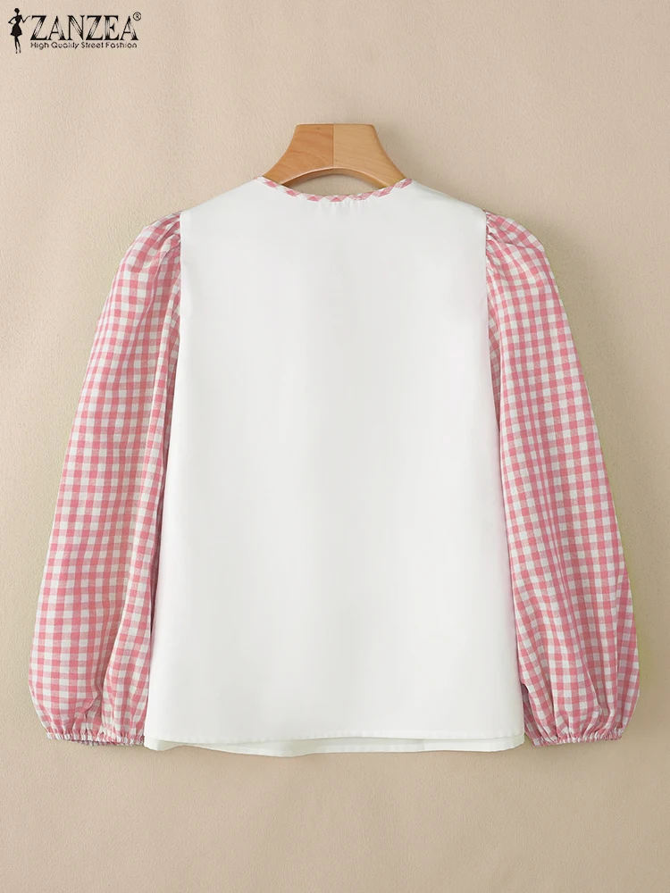 ZANZEA بلوزات نسائية غير رسمية مطبوعة بالورود لخريف 2025 رقبة دائرية وأكمام طويلة منتفخة بلوزات عطلة القماش القطني المرقعة