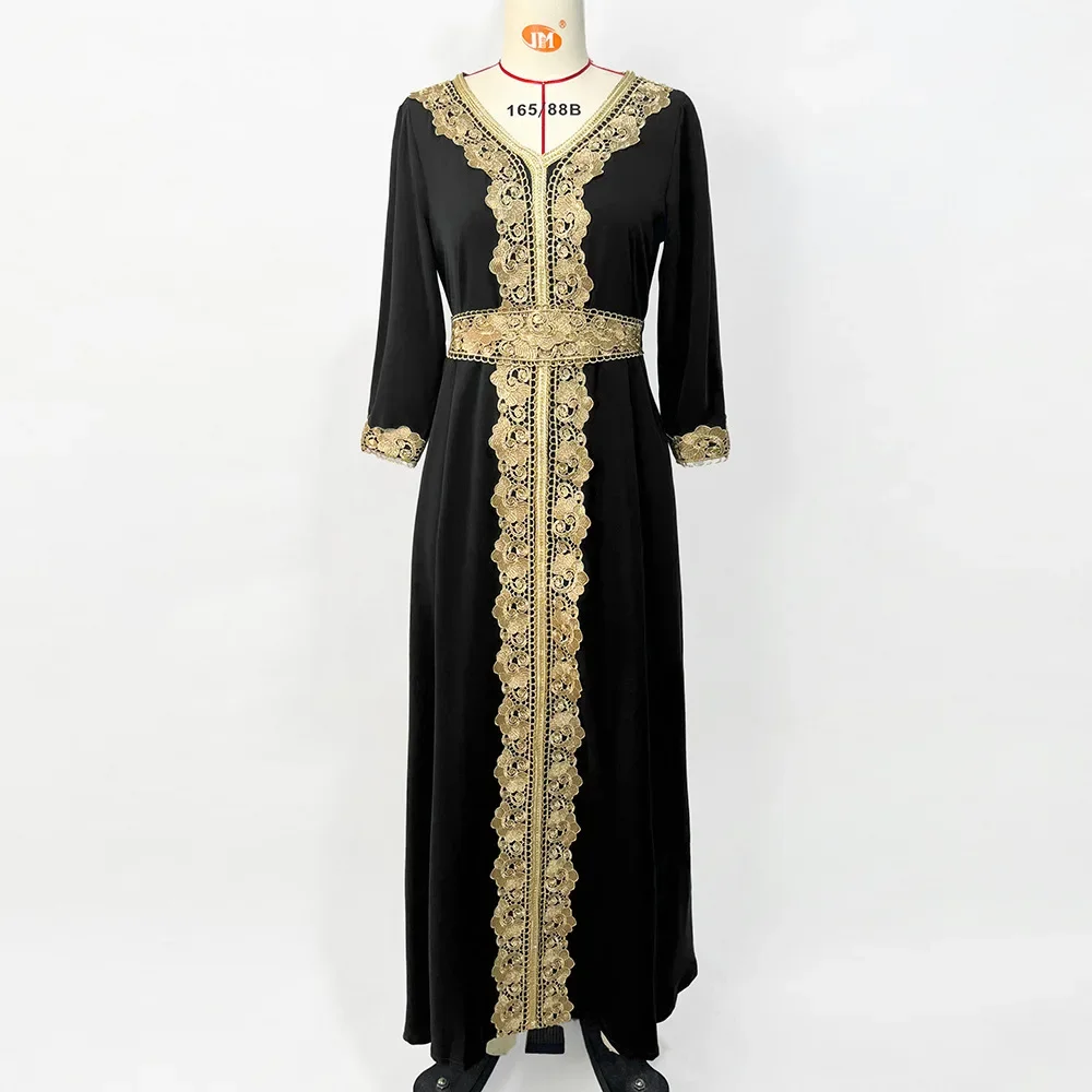 Elegant Vintage Muslim Dress Women Evening Party Robe Party Dresses for Women Abaya Morocco Caftan Black Embroidery Lace Dresses