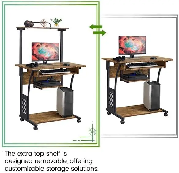 3 Tiers Rolling Computer Desk with Keyboard Tray and Printer Shelf for Home Office, Mobile Computer Desk for Small Space