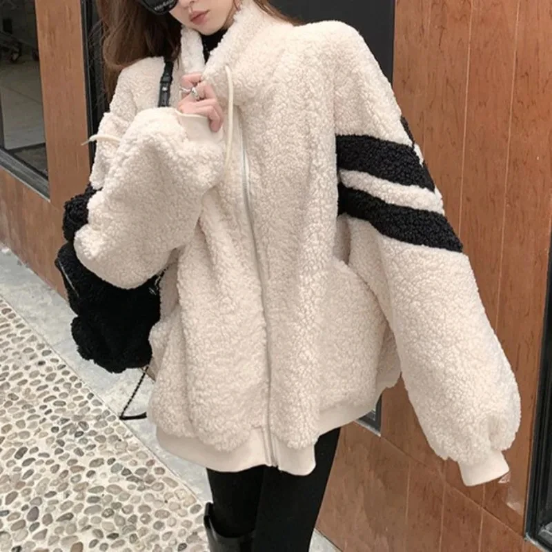 

Autumn Winter Women Hooded Jacket Zip Up Street Shirt Coat Imitation Lamb Wool Loose Cardigan Sweater Y2k Korean Couple Jackets